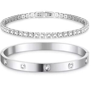 Crystal Tennis & Bangle Duo Silver Bracelet Set
